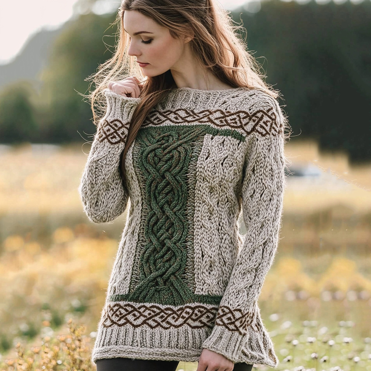 Női kelta csomó kontrasztos jacquard pulóver