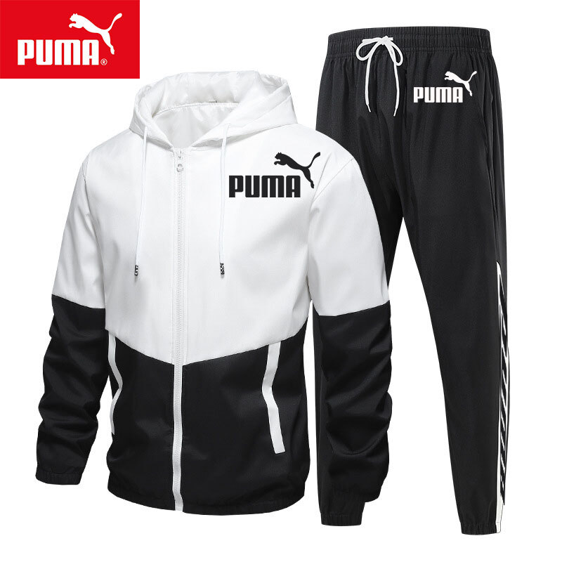PUMA Férfi Kétrészes Lezser Öltöny, Stílusos Színblokkos Kapucnis Pulóver Cipzárral, Légáteresztő Egyszínű Húzózsinóros Nadrág