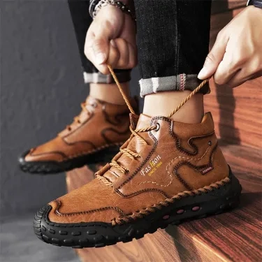Botas de caminhada masculinas costuradas à mão com cadarço para atividades ao ar livre
