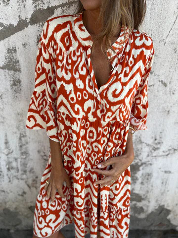 💖Limited Sale 48% OFF💖Printed V-Neck Dress with 3/4 Sleeves