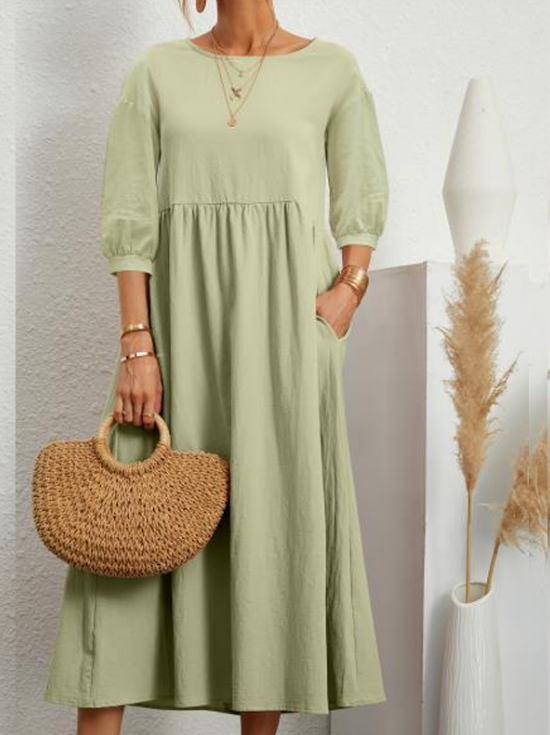 Модерна едноцветна рокля с широки ръкави от памучно платно и джобове