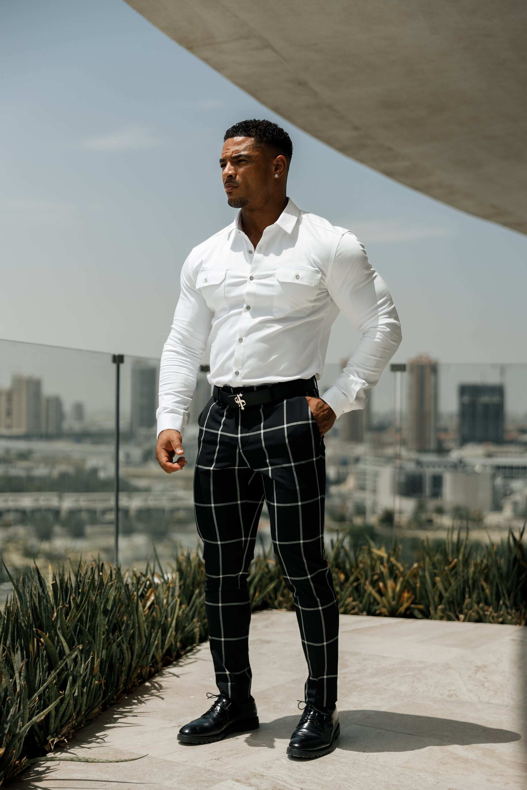 Father Sons Slim Formal Black and Ecru Large Check Stretch Trousers - FST015