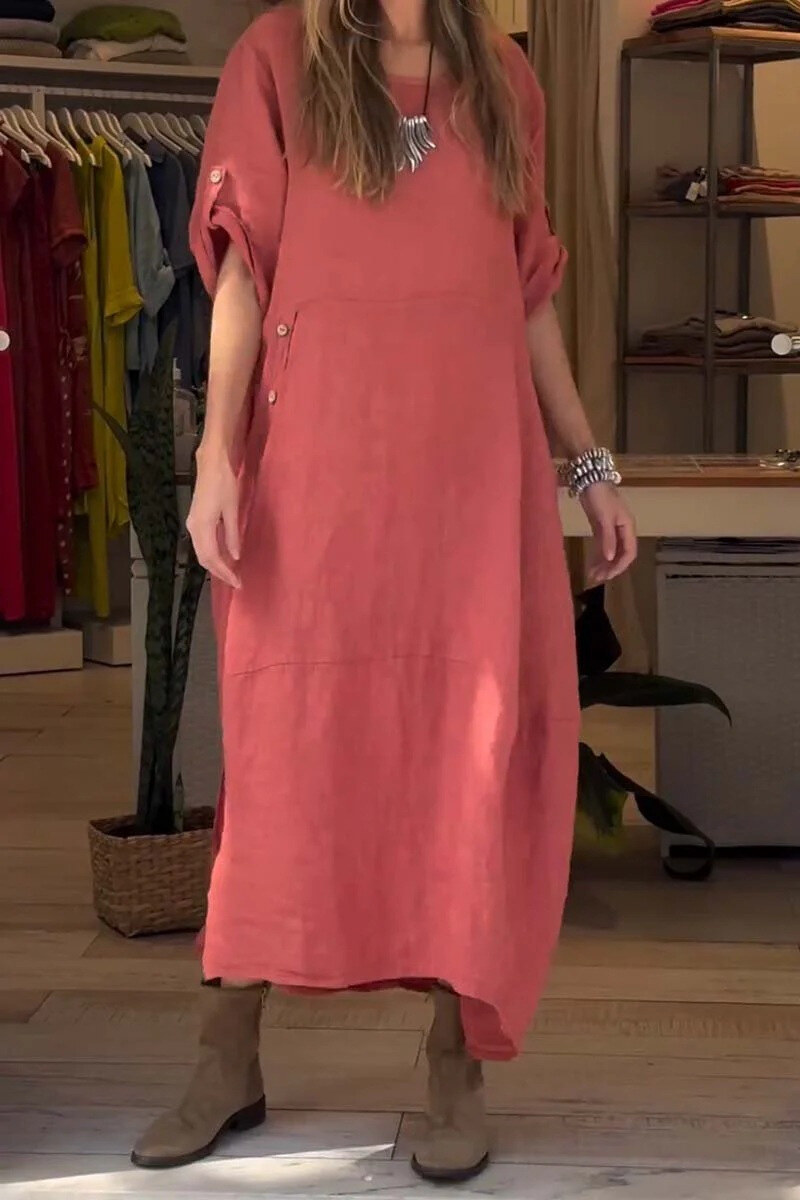 Vestido de linho de algodão casual solto de verão