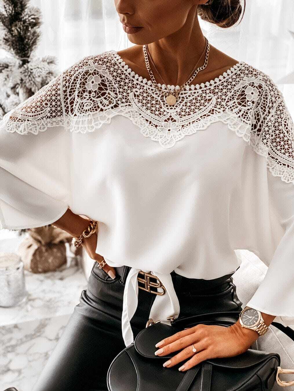 Blusa feminina outono 3/4 manga sexy renda costurada elegante vintage