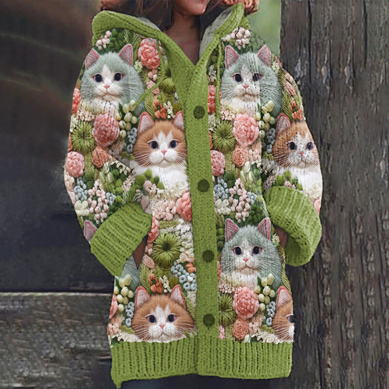 Camisola colorida e aconchegante com capuz com gatos