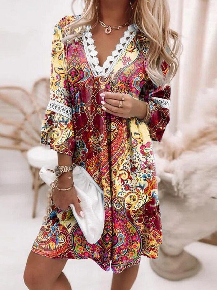 Novo vestido de verão com retalhos de renda estampado em algodão e linho