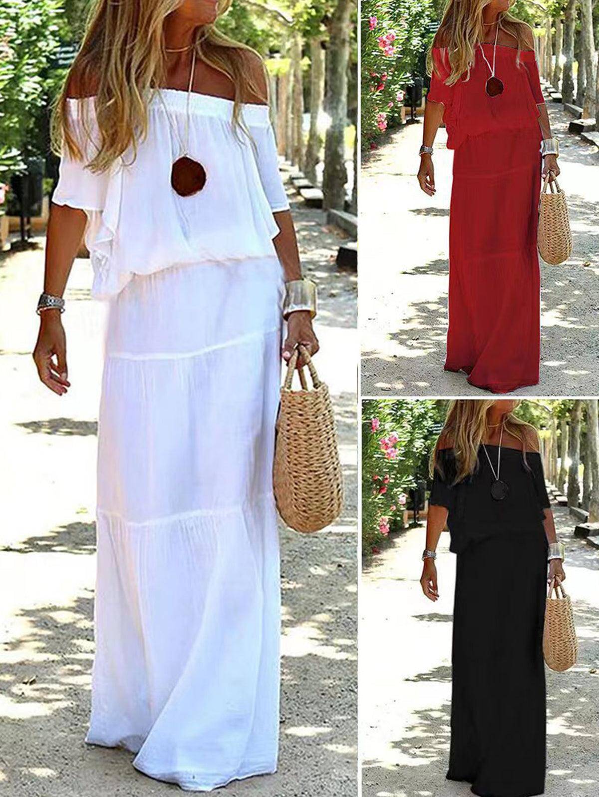 Solid Off Shoulder High Waist Long Maxi Dress