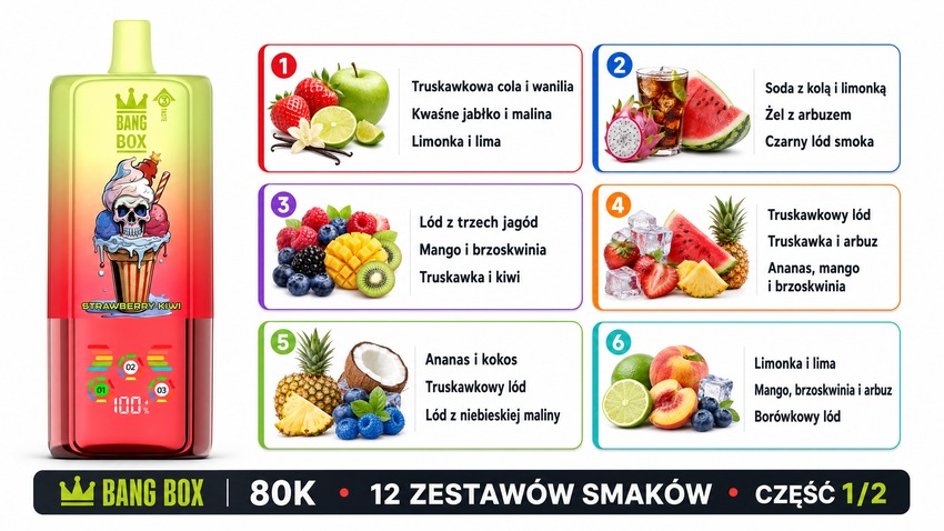 Bang Box 80K 3w1 zestawy smaków 1–6: Truskawkowa cola, Soda z kolą, Lód z jagód, Truskawkowy lód, Ananas i kokos, Limonka i lima