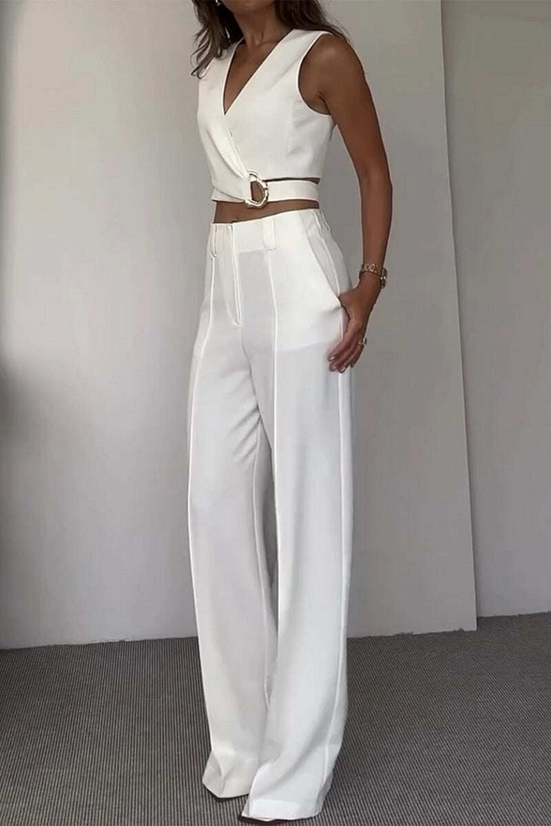 Diário Elegante Cor Sólida Bolso Alças Cruzadas Decote V Sem Mangas Duas Peças