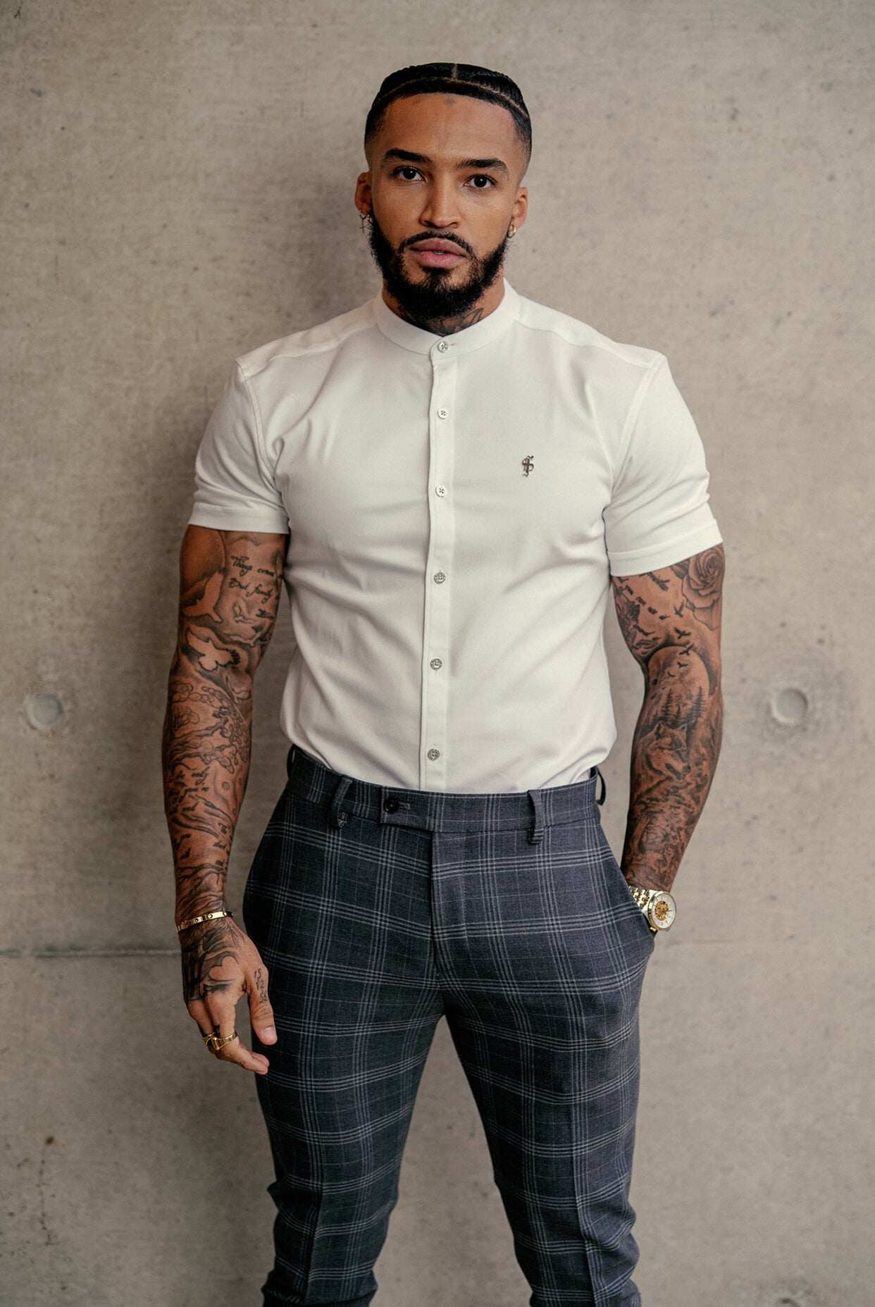 Father Sons Slim Formal Large Silver Grey Check Stretch Trousers - FST005