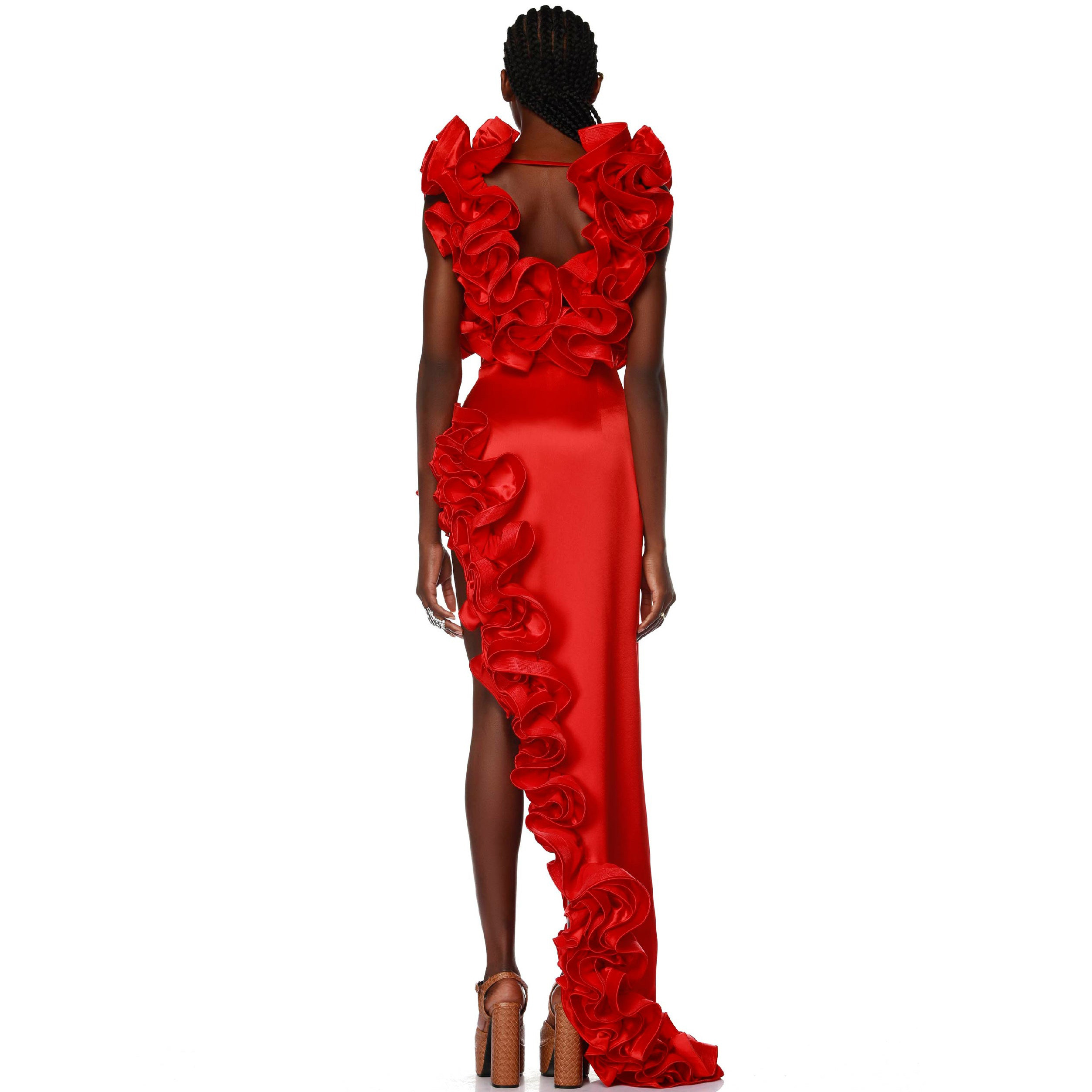✨ Red Flower Frilled V Neck One Piece Swimsuit and Skirt