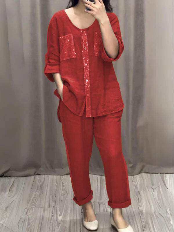 Vestido de duas peças com gola redonda em algodão e linho com lantejoulas