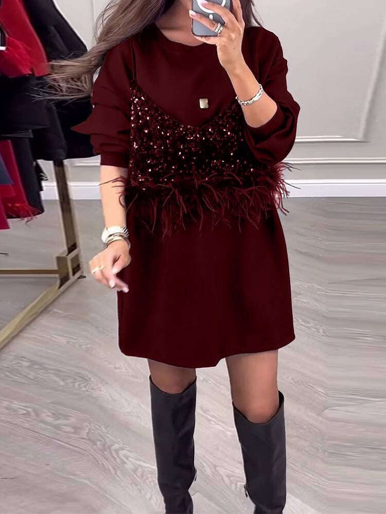 Vestido elegante em patchwork com decote redondo 2024