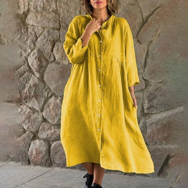 Novo vestido longo casual em algodão e linho de cor sólida com gola mandarim e botões