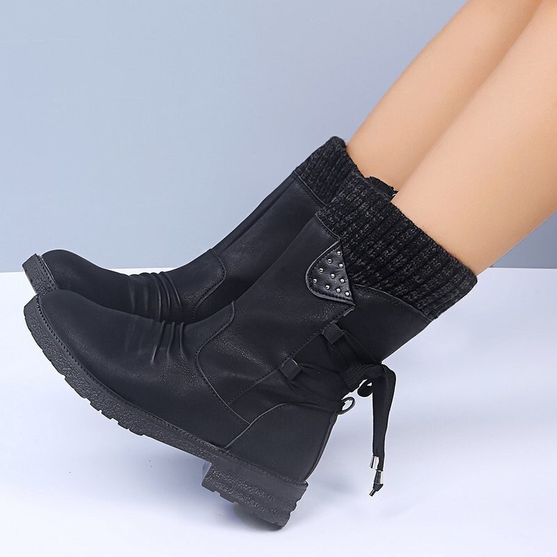 🔥51% DE DESCONTO AGORA - Botas de neve femininas de cano médio com punho de suéter, botas quentes de inverno