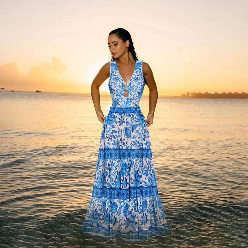 Blue printed one-piece swimming costume set 💕