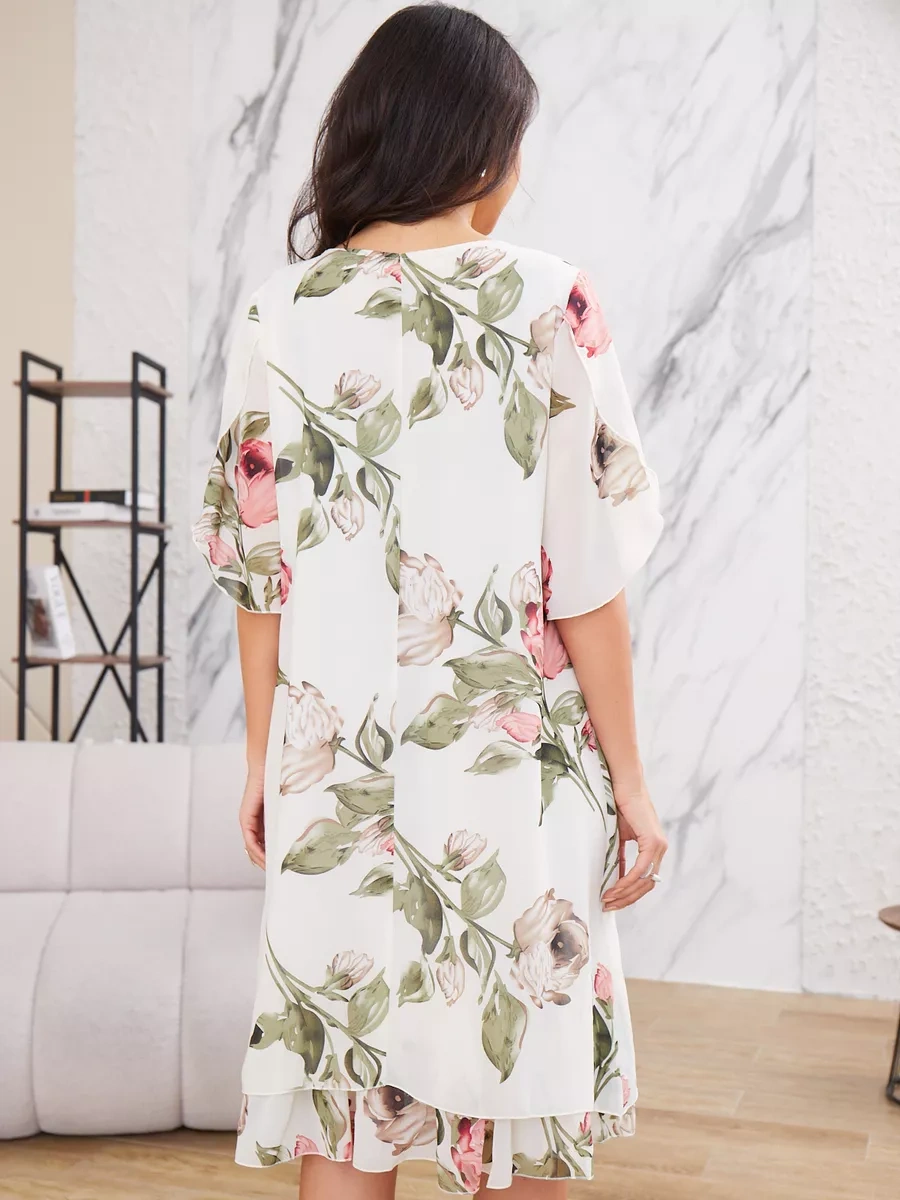 ❀Elegante vestido feminino de chiffon com manga curta e estampa