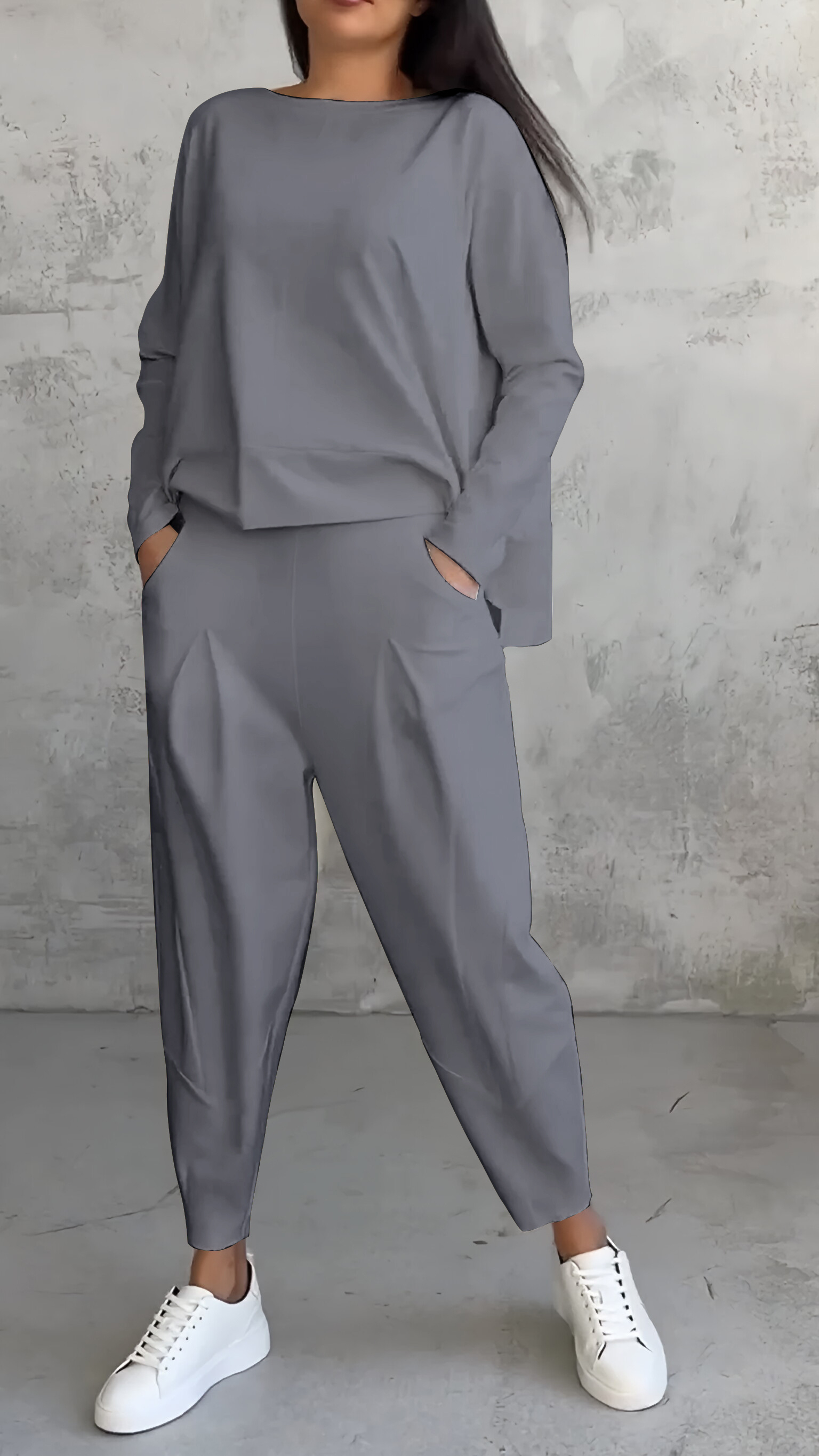Feminino outono chique casual em torno do pescoço manga longa agasalho de duas peças