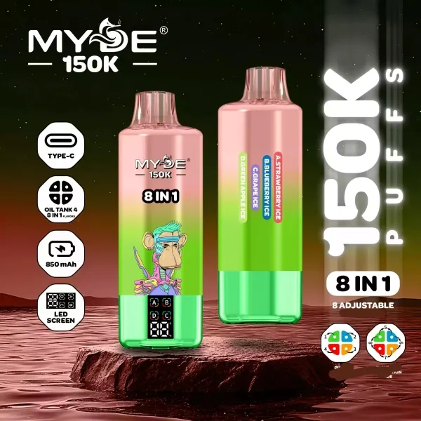 MYDE 8IN1 150000 Puffs disposable vapes A mix of Strawberry Ice & Watermelon Ice & Peach Ice & and Passion Fruit Ice