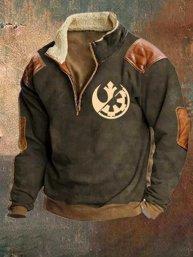 Moletom de lã masculino vintage ocidental com gola com zíper