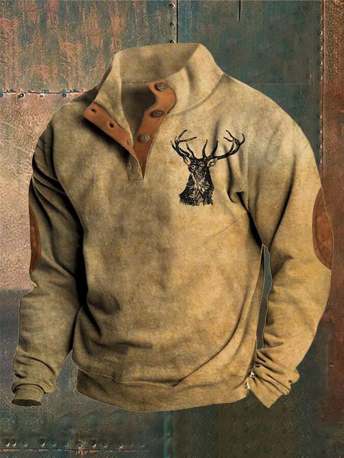 Moletom masculino estilo ocidental com gola alta e botão