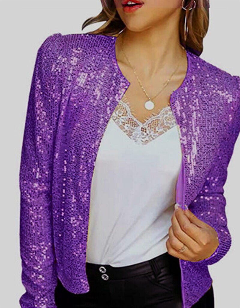 Elegante casaco de lantejoulas de cor sólida com gola alta, curto, casual, versátil, pequeno
