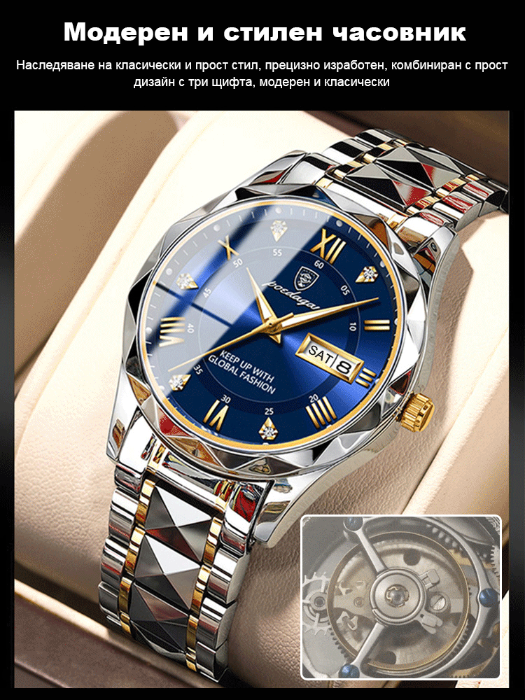 Швейцарски мъжки часовник със стоманена гривна и двойна дата