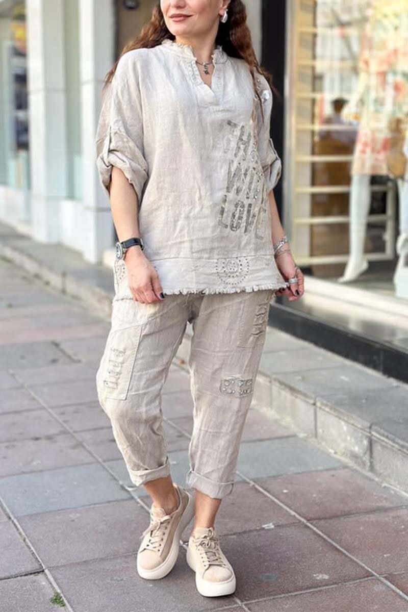 Conjunto blusa + calça dia feminino em algodão e linho
