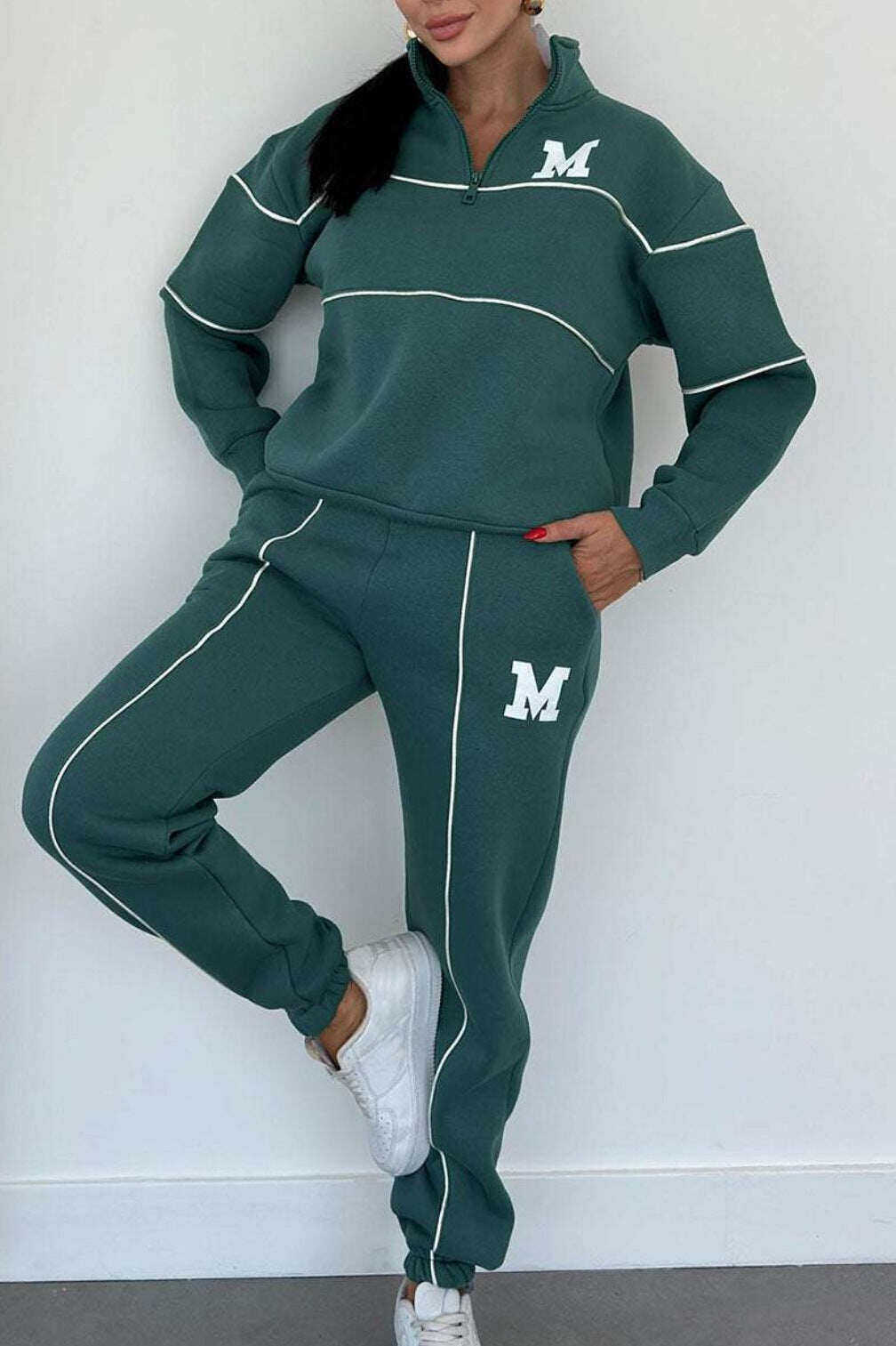 Conjunto casual feminino de duas peças, manga comprida, feito de puro algodão