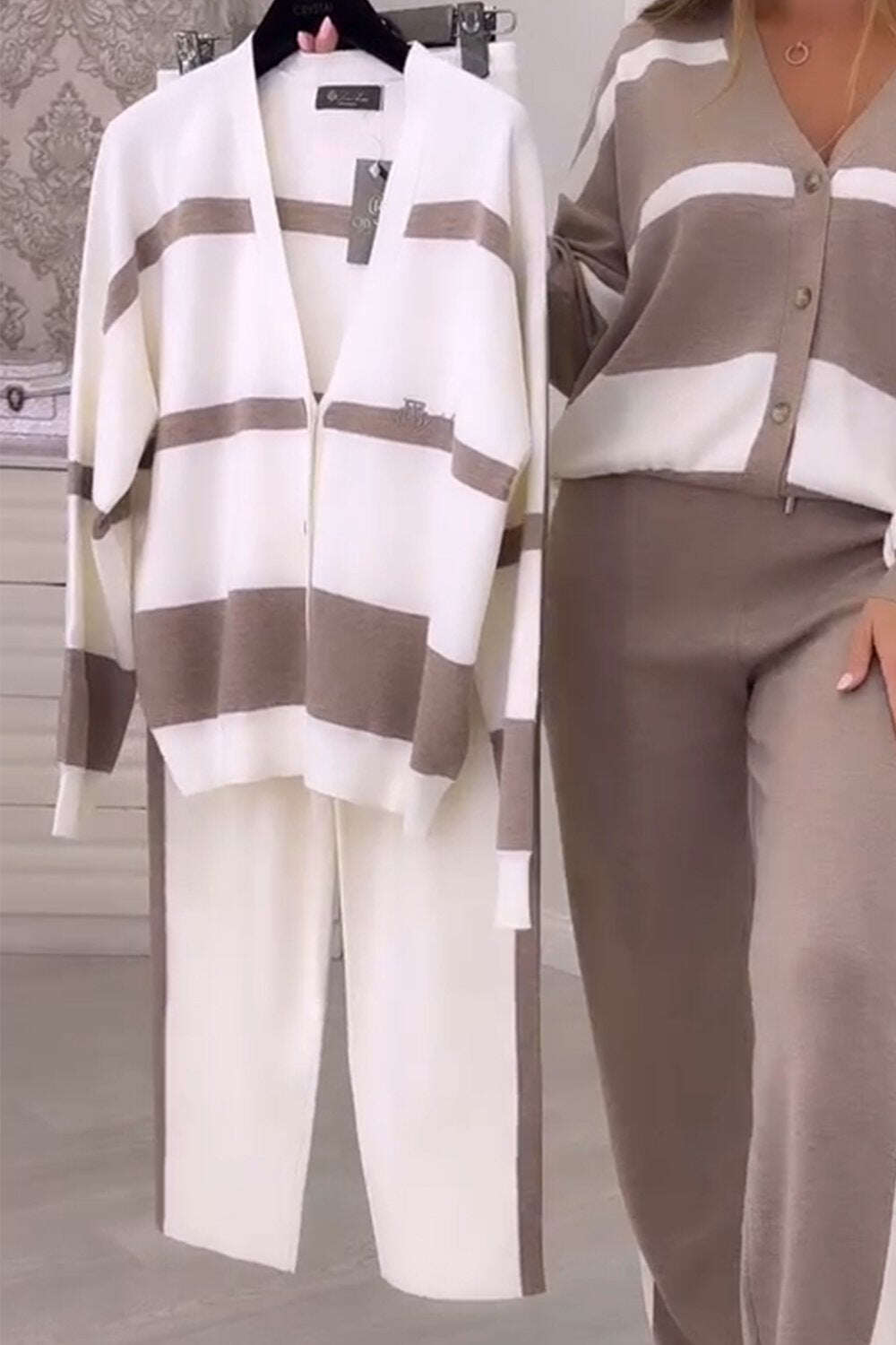 Suéter elegante de malha em cor contrastante, conjunto de duas peças