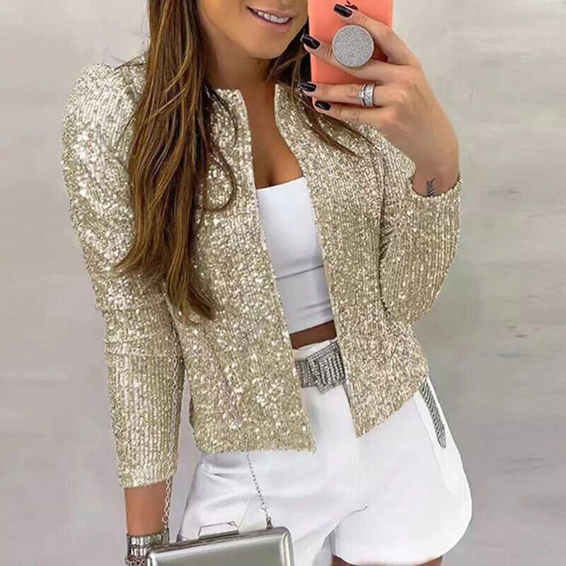 Elegante casaco de lantejoulas de cor sólida com gola alta, curto, casual, versátil, pequeno