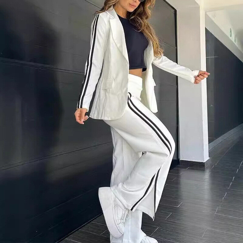 Terno de lapela feminino outono e inverno + calças largas conjunto de duas peças