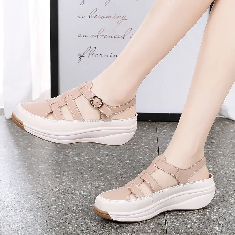 【35-44】Tupa de sola grossa de tamanho grande, sandálias casuais de salto alto, sapatos femininos romanos