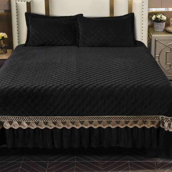 Conjunto de colcha de veludo 230x250cm 3 peças com bordado marrom + 2 fronhas