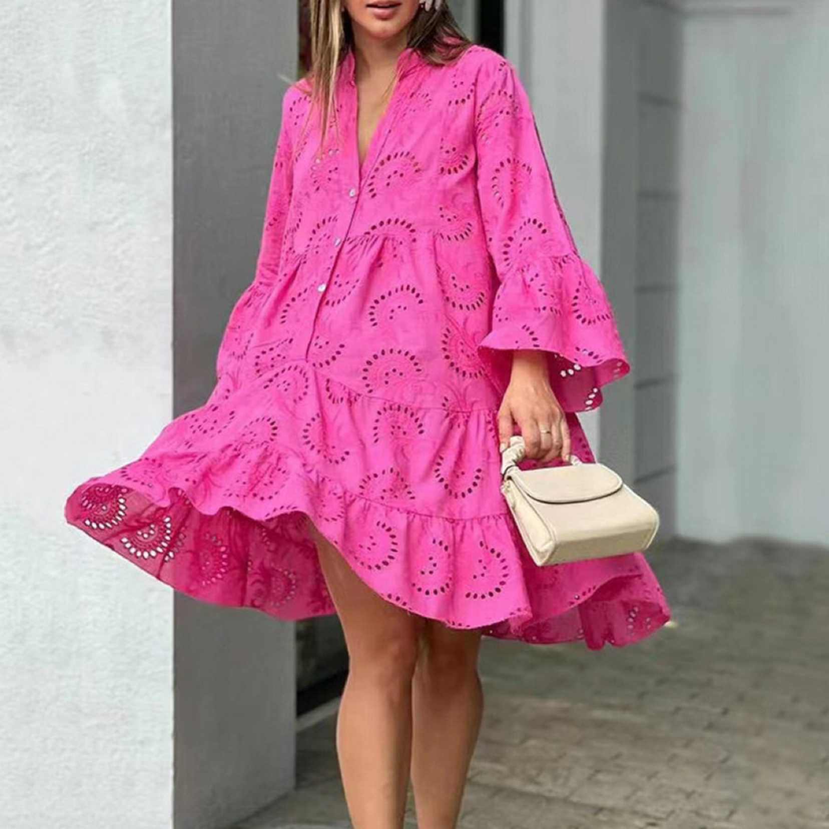 V Neck Flares Sleeve Embroidery Cotton Dress