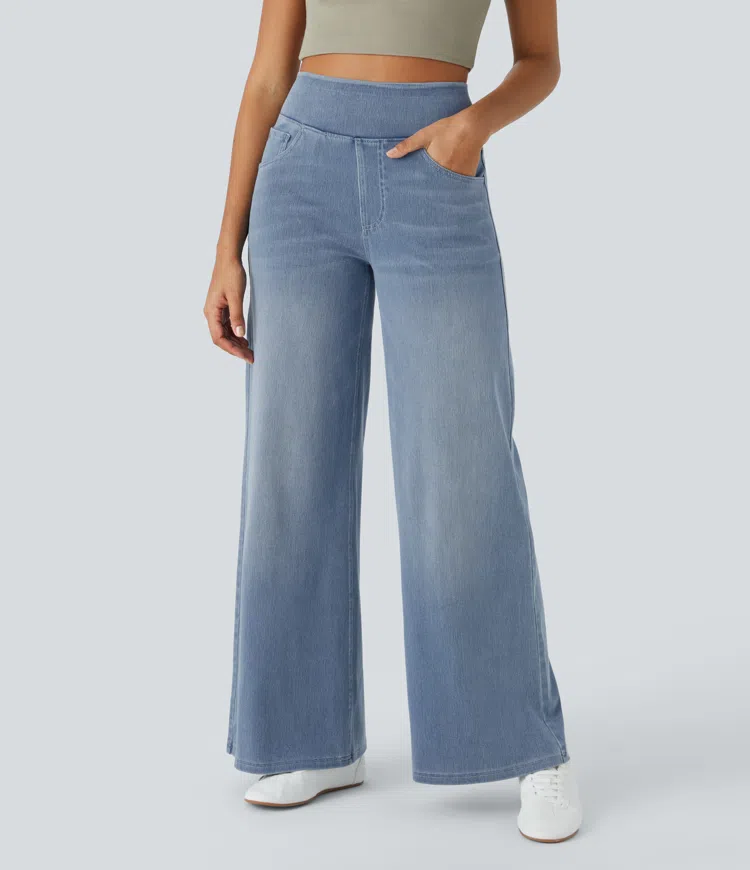 JEANS DE CINTURA ALTA COM PERNAS LARGAS MUITO ELÁSTICAS