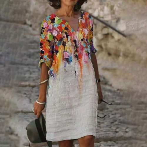 Pescoço em V, elegante vestido folgado casual vintage