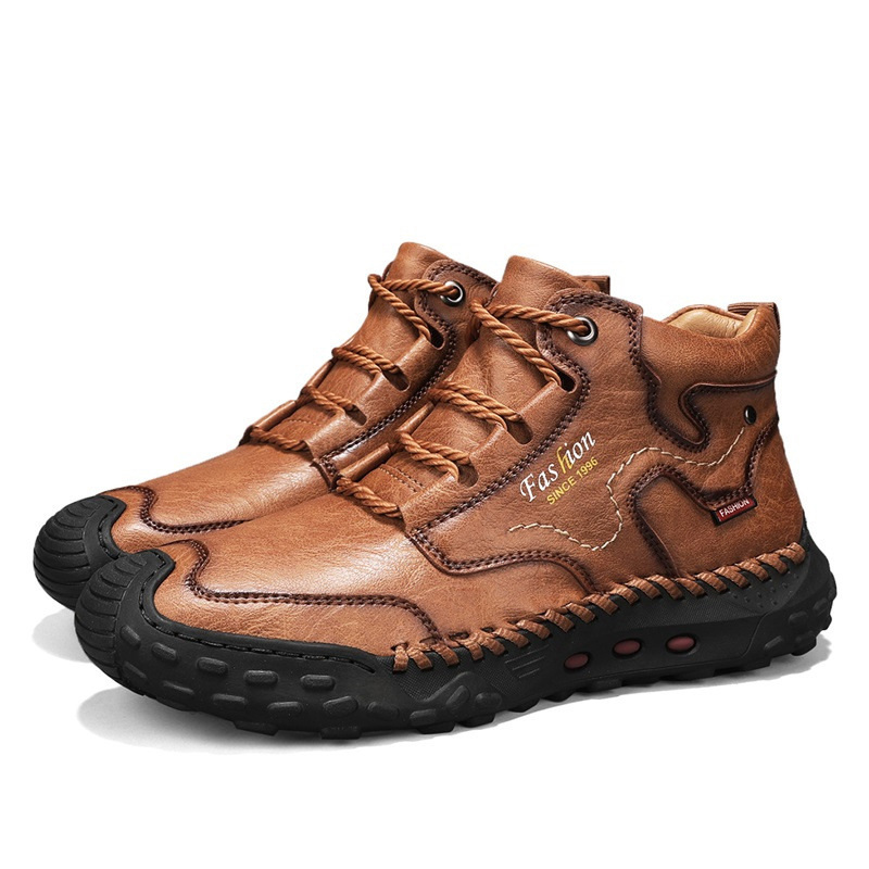 Botas de caminhada masculinas costuradas à mão com cadarço para atividades ao ar livre