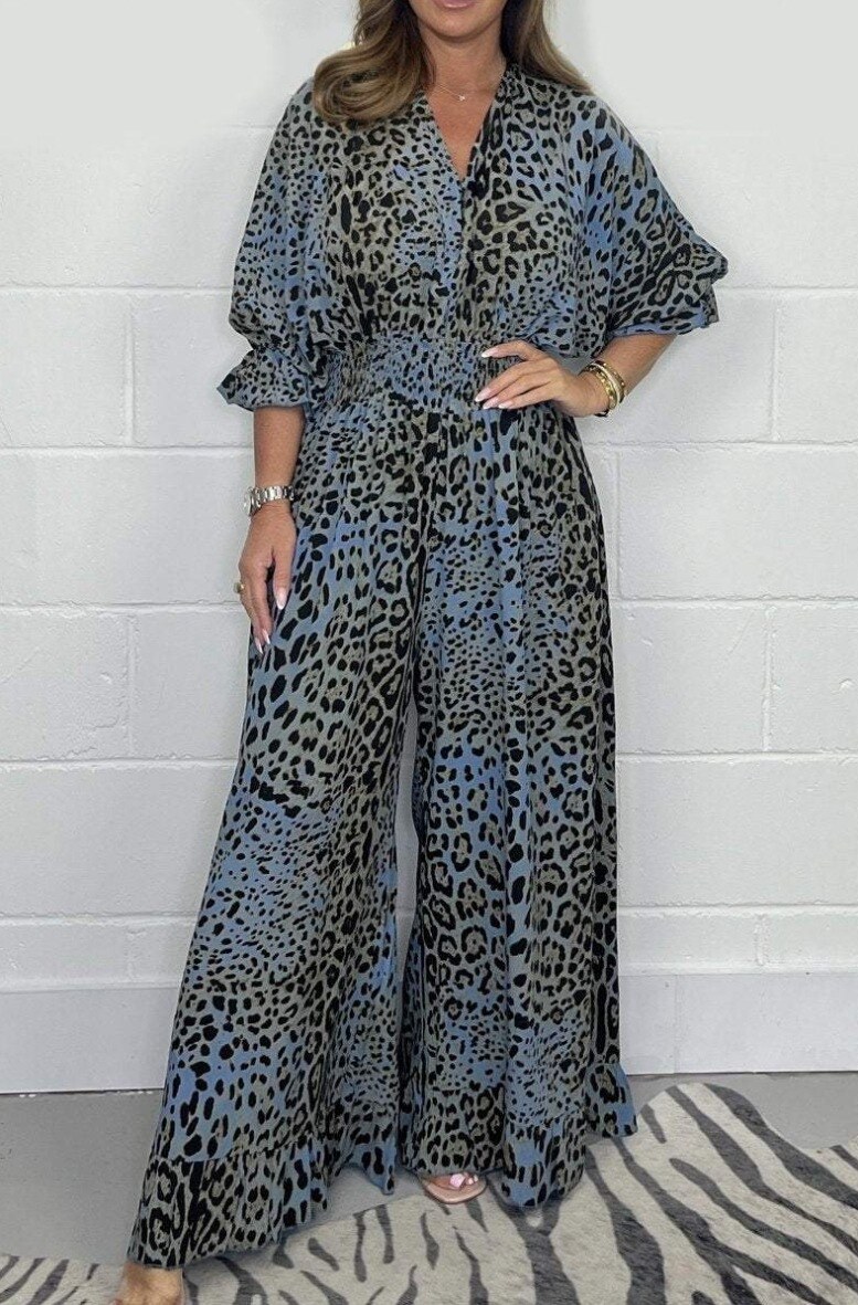 2024 Nova moda macacão casual de pernas largas com estampado leopardo