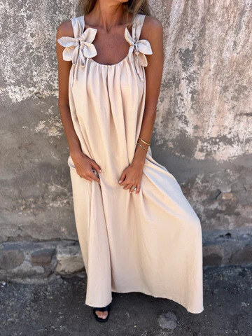 💕Vestido feminino em cor sólida com estampa floral e decote em U