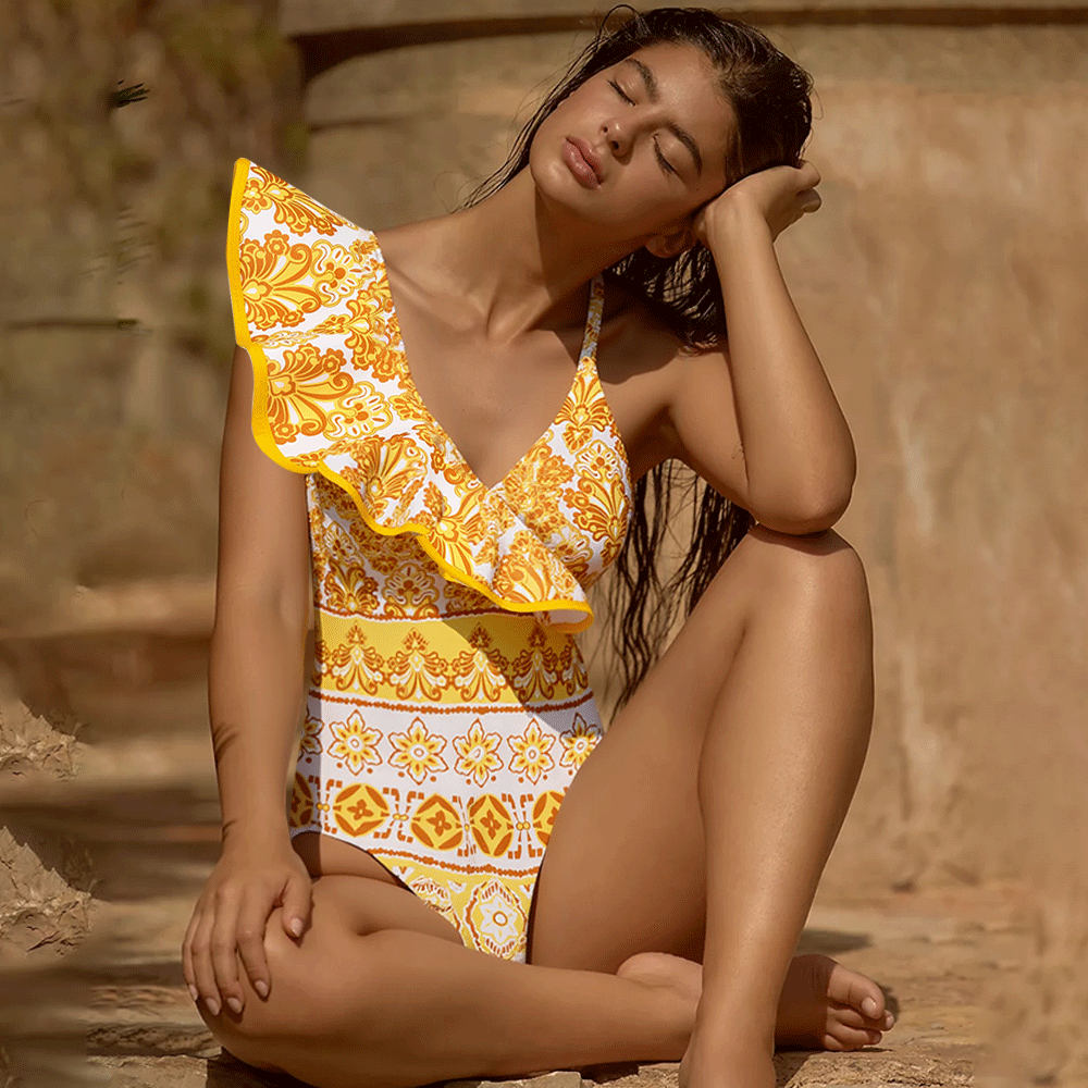 Asymmetrical Ruffle Printed One Piece Swimsuit and Skirt