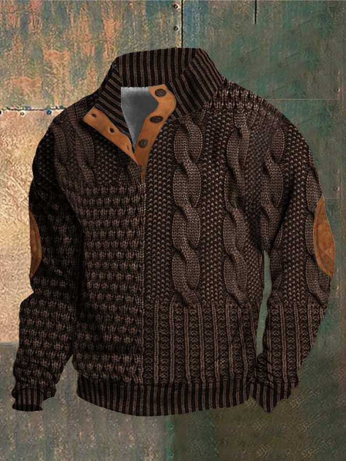 Męska bluza casualowa z nadrukiem retro, z kołnierzykiem i guzikiem