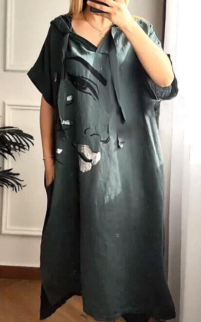 Vestido feminino urbano casual solto com capuz e transferência de calor