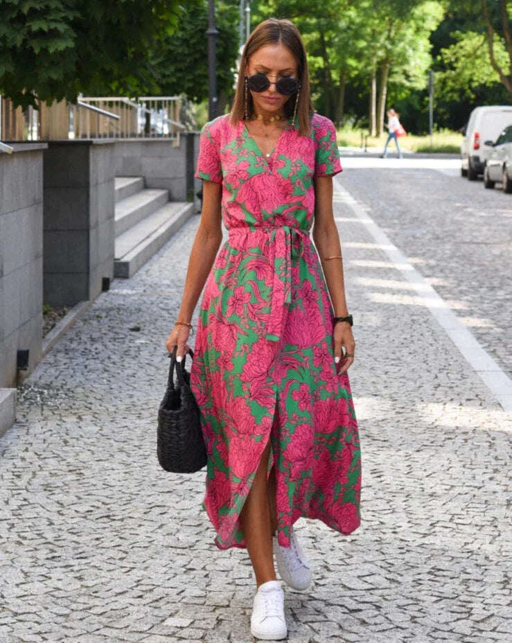 Vestido feminino decote V com fenda, comprimento midi, estampado