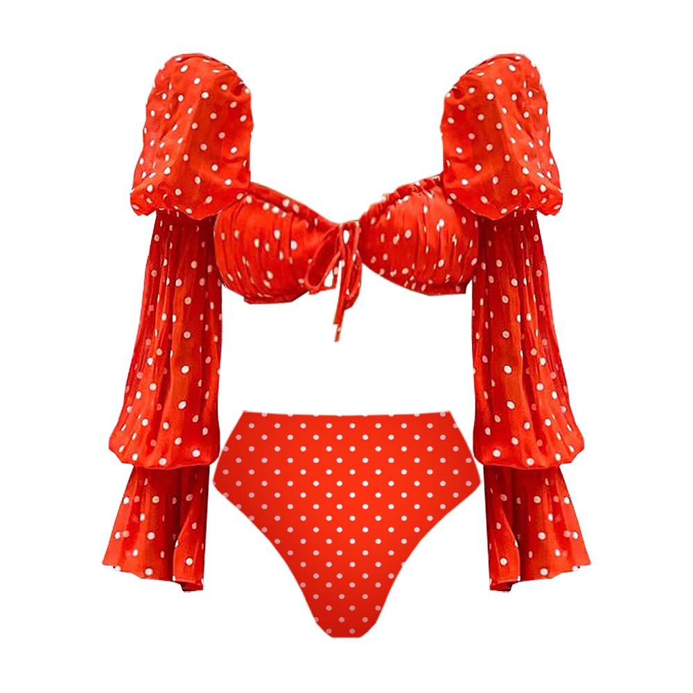 2025 New Lone Sleeve Red Polka Dots Bikini Swimsuit and Skirt