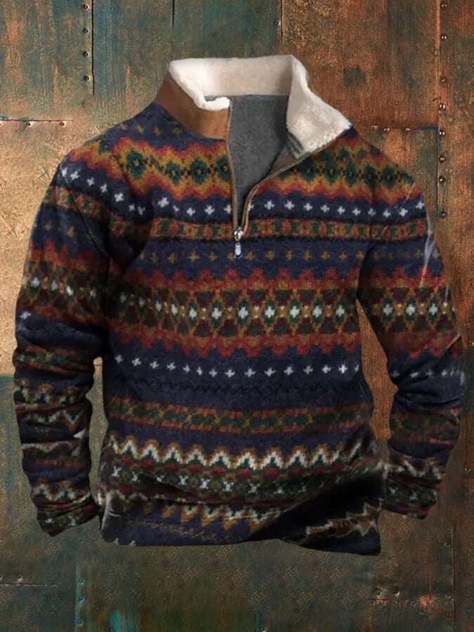 Moletom masculino com zíper e estampa vintage ocidental de pelúcia com gola alta