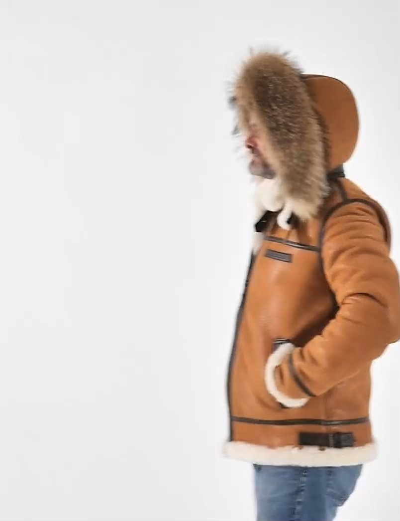 JAQUETA PILOTO DE PELE DE CARNEIRO COM CAPUZ B-3 WHISKY COM CAPUZ ART. 209COMPRE 2 ENVIOS GRÁTIS