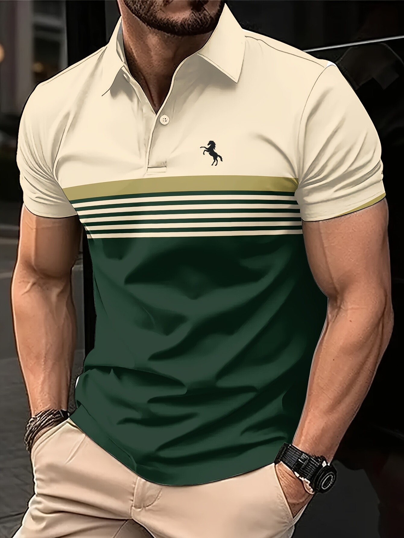 Pack de 2 camisas polo casuais de manga curta para homem, estampa de cavalo 3D, riscas coloridas, estilo desportivo, tecido de poliéster leve, camisa polo de golfe com botões