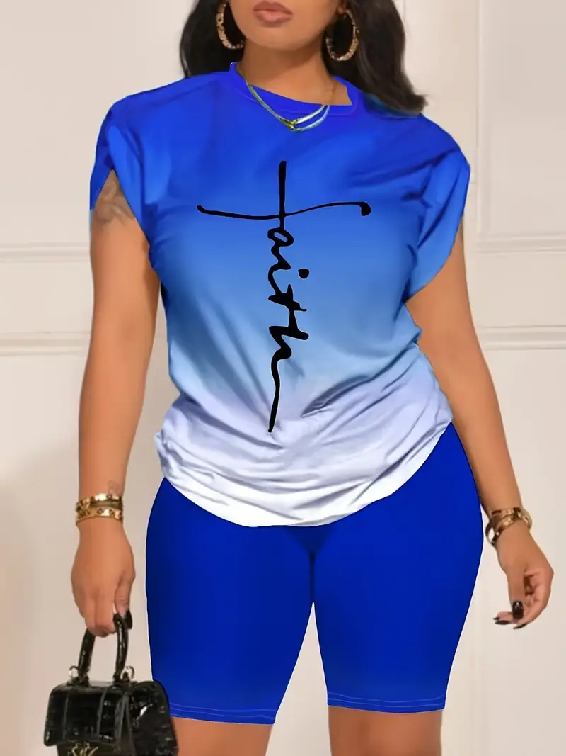 Conjunto casual de duas peças com estampa de letras laranja, gola redonda, manga curta