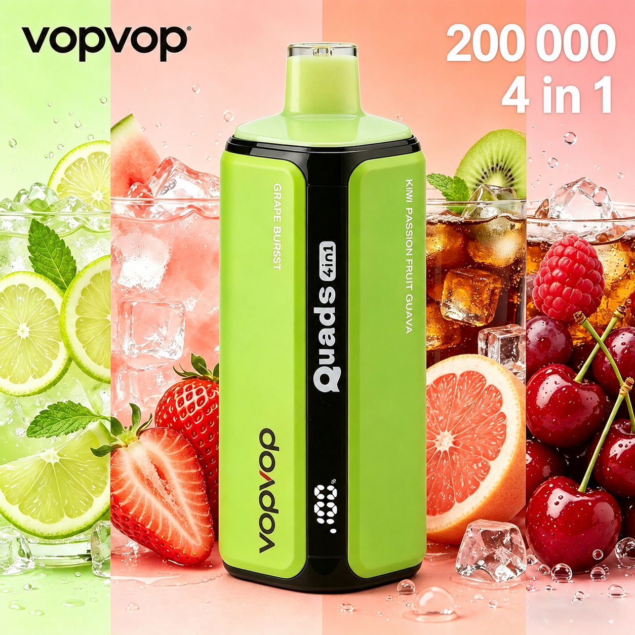 🚀 VOPVOP 200K – 200 000 slukkot bír ki | Négy íz egyben | Eldobható elektronikus cigaretta, nikotintartalom 0% / 2% / 5% • 10 íz